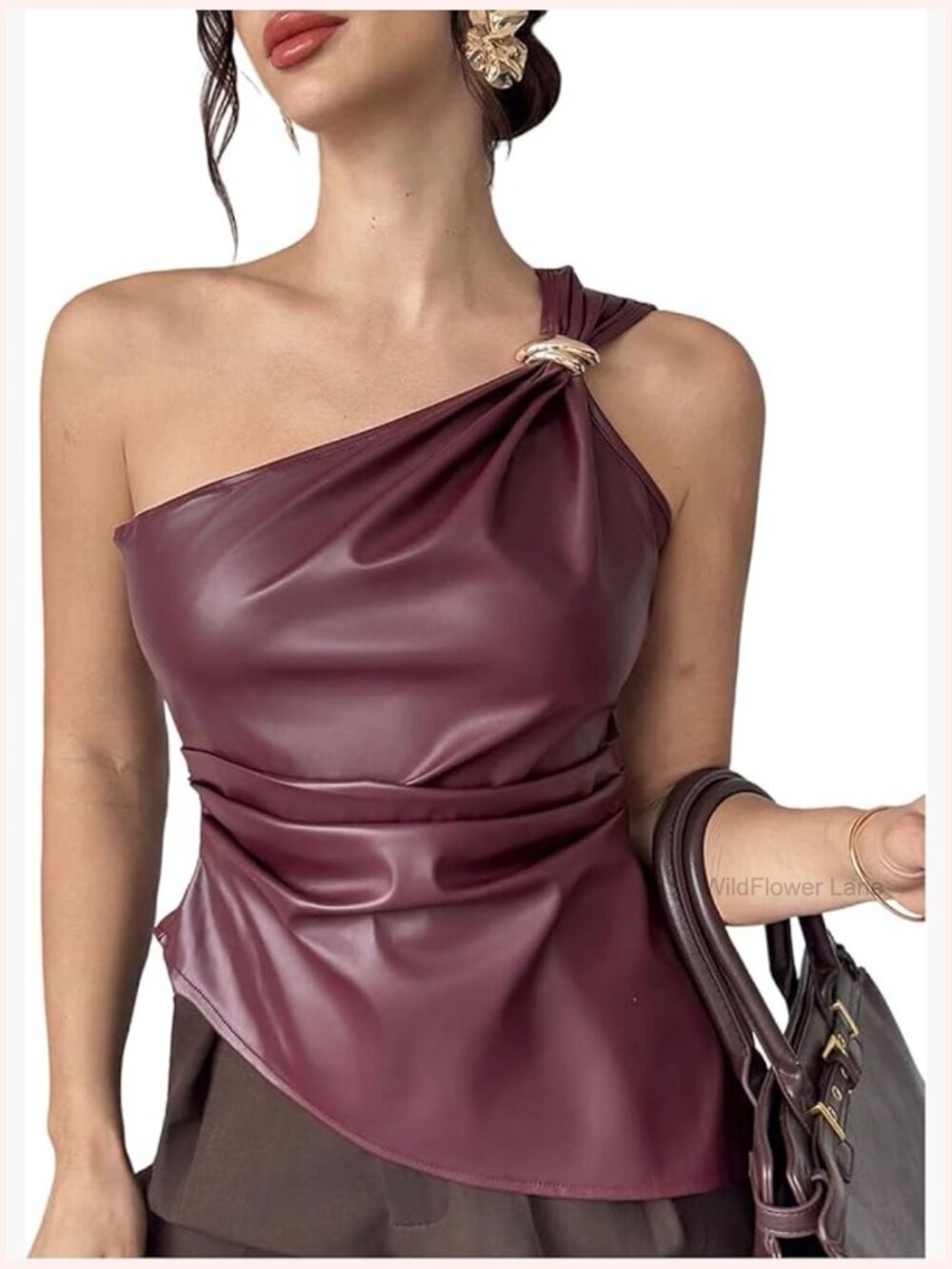 PU Leather One Shoulder Ruched Sleeveless Blouse Top Night Out